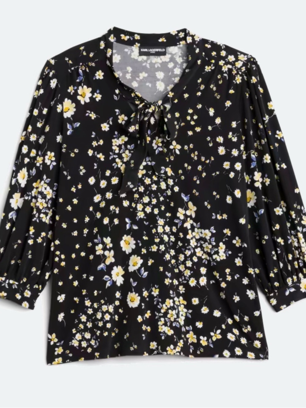 Karl Lagerfeld “Blaise” Black w/ White Blue Yellow Floral Tie-Neck Sleeve Blouse